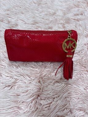 Michael Kors Red Patent Zip Clutch with Gold MK Tassel